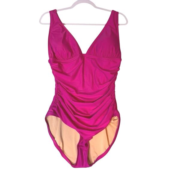 J.Crew Radiant Fuchsia Ruched V-Neck One-Piece Swimsuit NWT Size 12 - Picture 2 of 4
